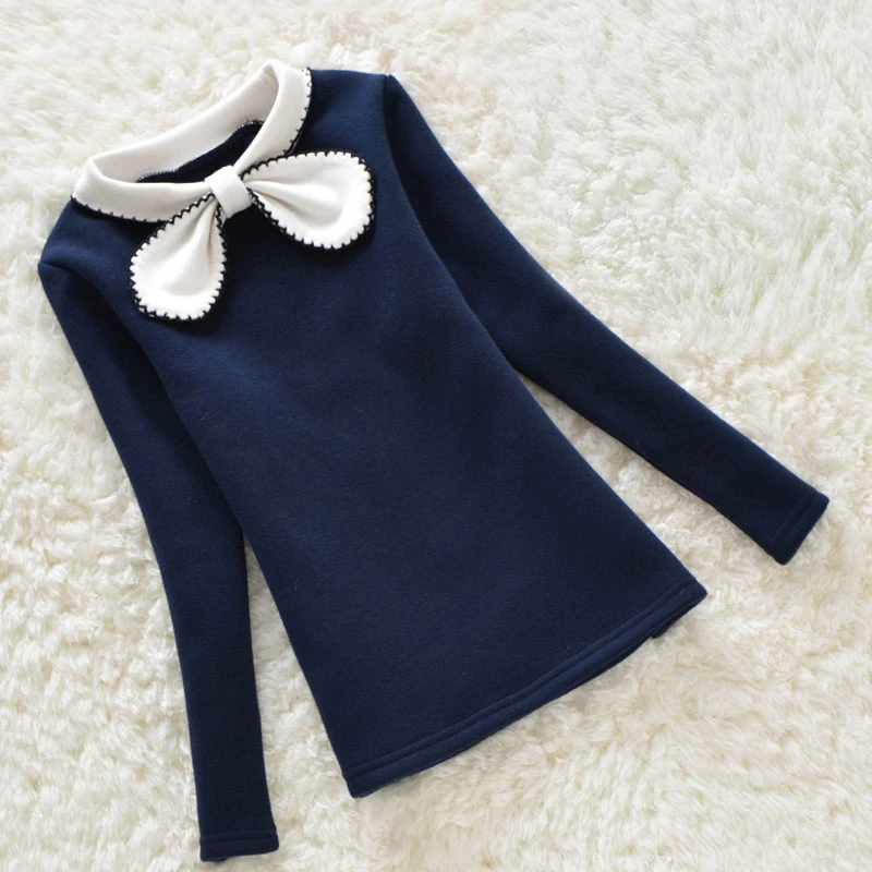 女童秋冬加绒大领结打底衫 内搭长袖上衣翻领纯色甜美外穿长袖T恤