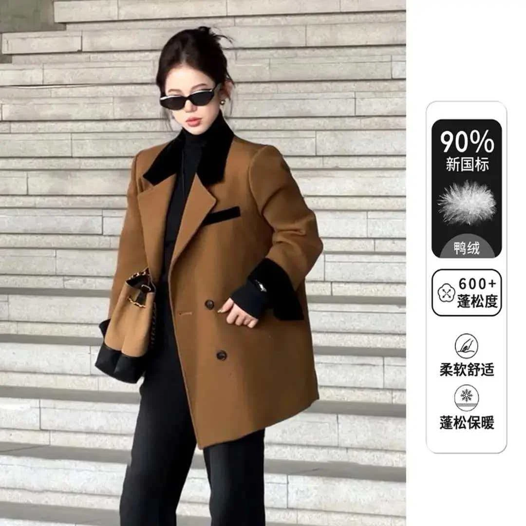 【伦敦旧梦】撞色拼接复古羽绒服西装外套女宽松气质90白鸭绒西服