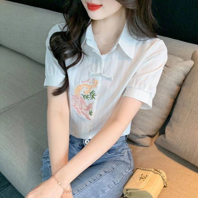 棉100%纯棉衬衫刺绣白色衬衣女装洋气短袖2024上衣全棉夏季女泡泡