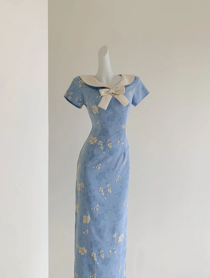 【浅夏图书馆】2025夏季中式国风蓝色改良旗袍连衣裙新款气质高级