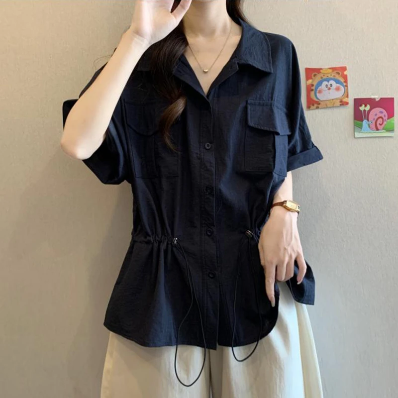 夏季新款大码法式工装口袋衬衫女时尚微胖妹妹显瘦时髦POLO领上衣