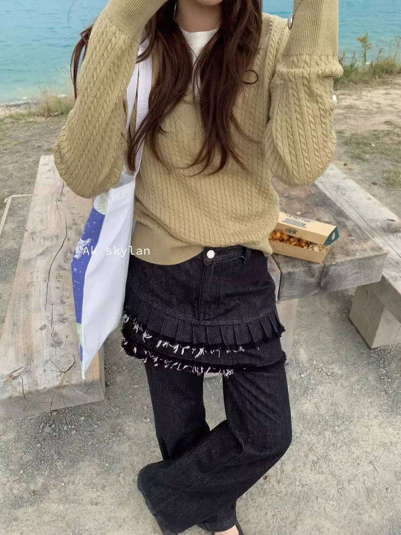 ONEXH·2025年春季新款花边屁帘+直筒牛仔裤小众韩系两件套裤子