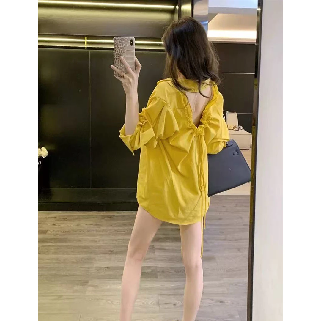 法式黄色露背抽绳长袖衬衫衬衣女2025新款开春季设计独特绝美上衣