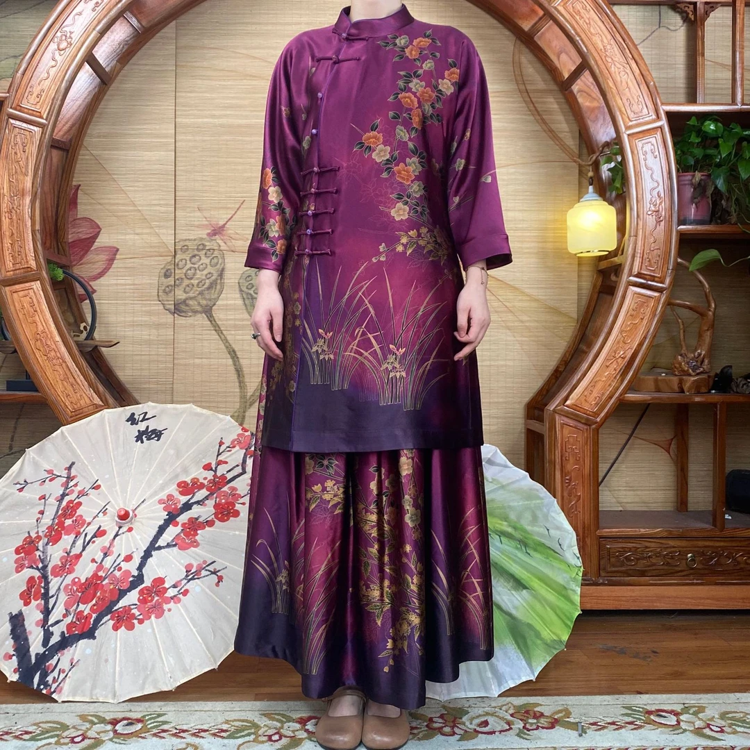60姆米100桑蚕丝紫底兰花兰开套装新中式