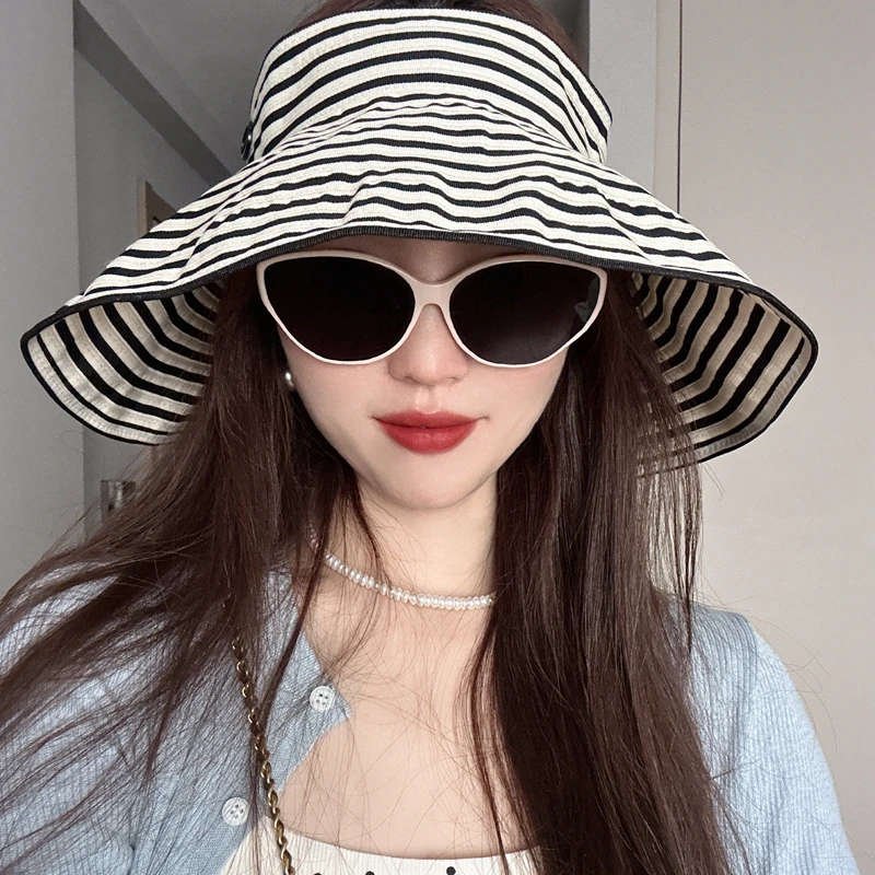 25春夏/小香编织条纹蛋卷帽空顶帽女防晒可折叠可任意造型遮阳帽