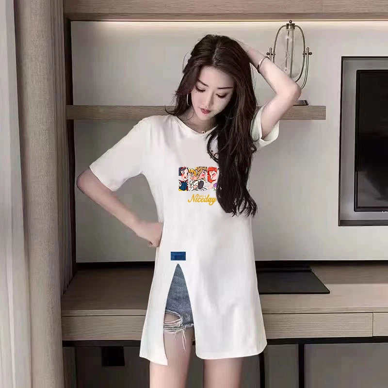 2025初夏穿搭女新款白色宽松中长款开叉V领纯棉短袖T恤女显瘦百搭