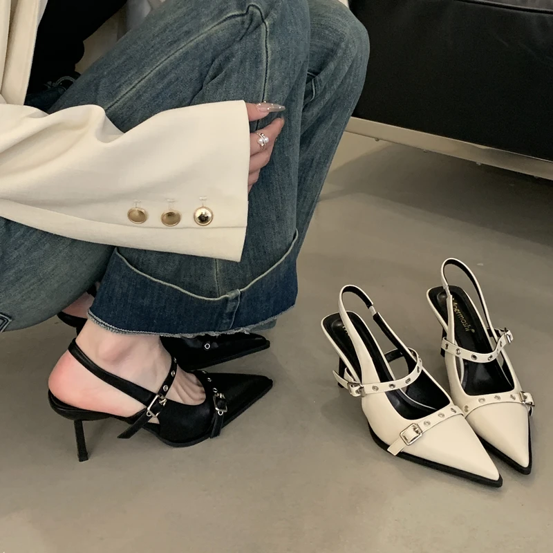 高跟鞋女2025年春夏新款设计感法式尖头小众一字带后空包头凉鞋