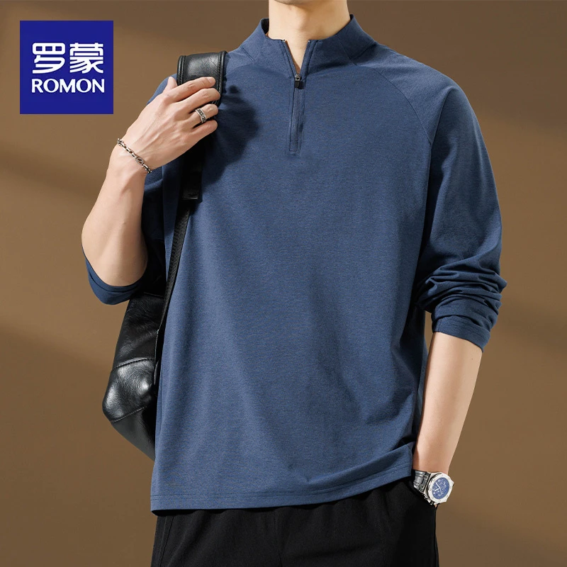 罗蒙半拉链立领长袖t恤男士秋季潮牌纯色打底衫男装宽松内搭上衣