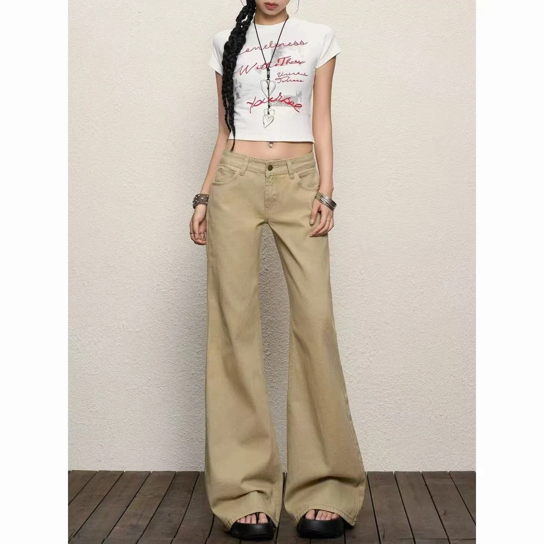 T【现货+运费险】美式复古辣妹卡其色牛仔裤低腰拖地不贴腿微喇裤子