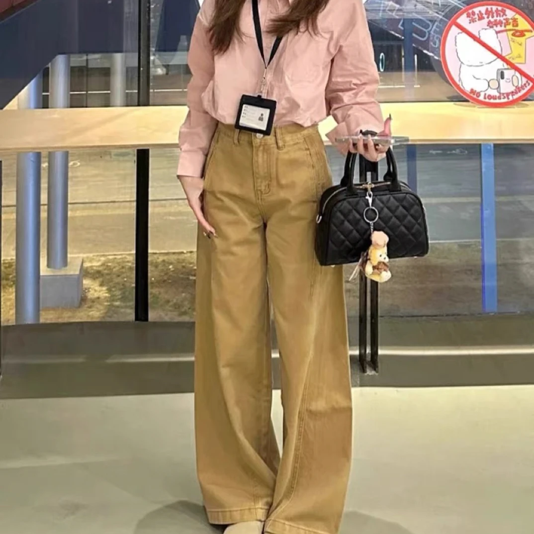 卡其色阔腿弯刀牛仔裤女秋季2025新款高腰宽松直筒裤