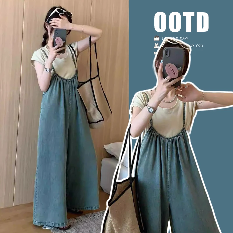 孕妇背带裤夏季套装新款休闲风洋气百搭上衣天丝牛仔裤外穿两件套