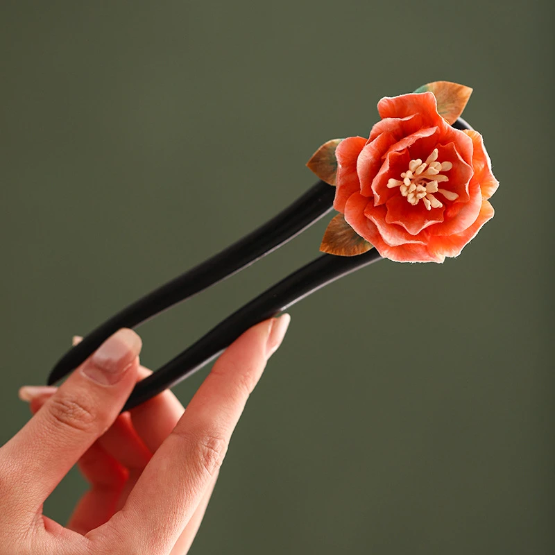 非遗绒花U型檀木红颜发簪双钗中国风日常手工盘发簪复古风