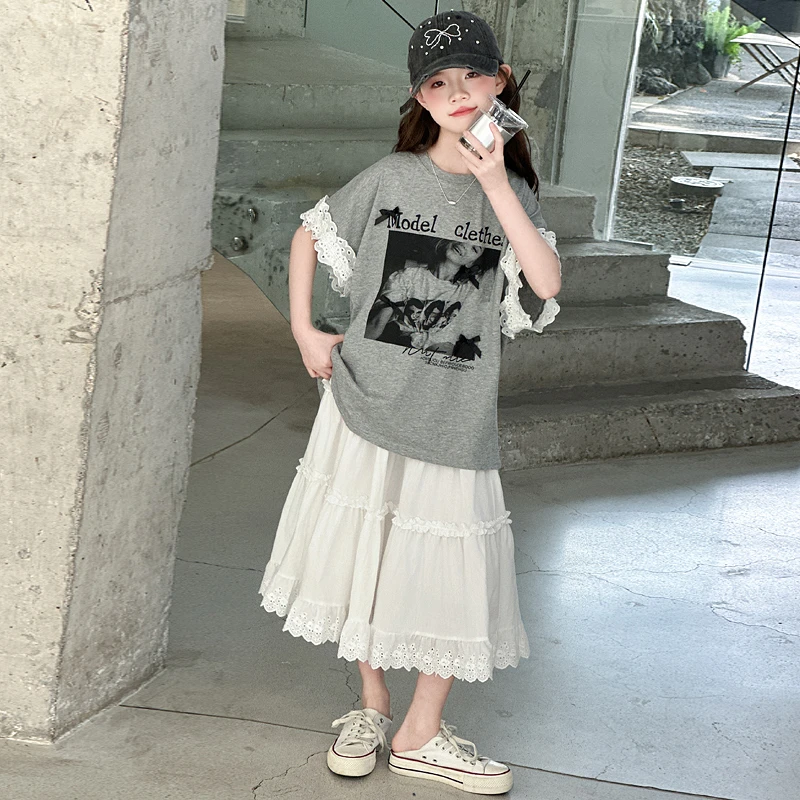 女童夏装套装裙子2025新款儿童洋气半身裙大童女孩夏季短袖两件套