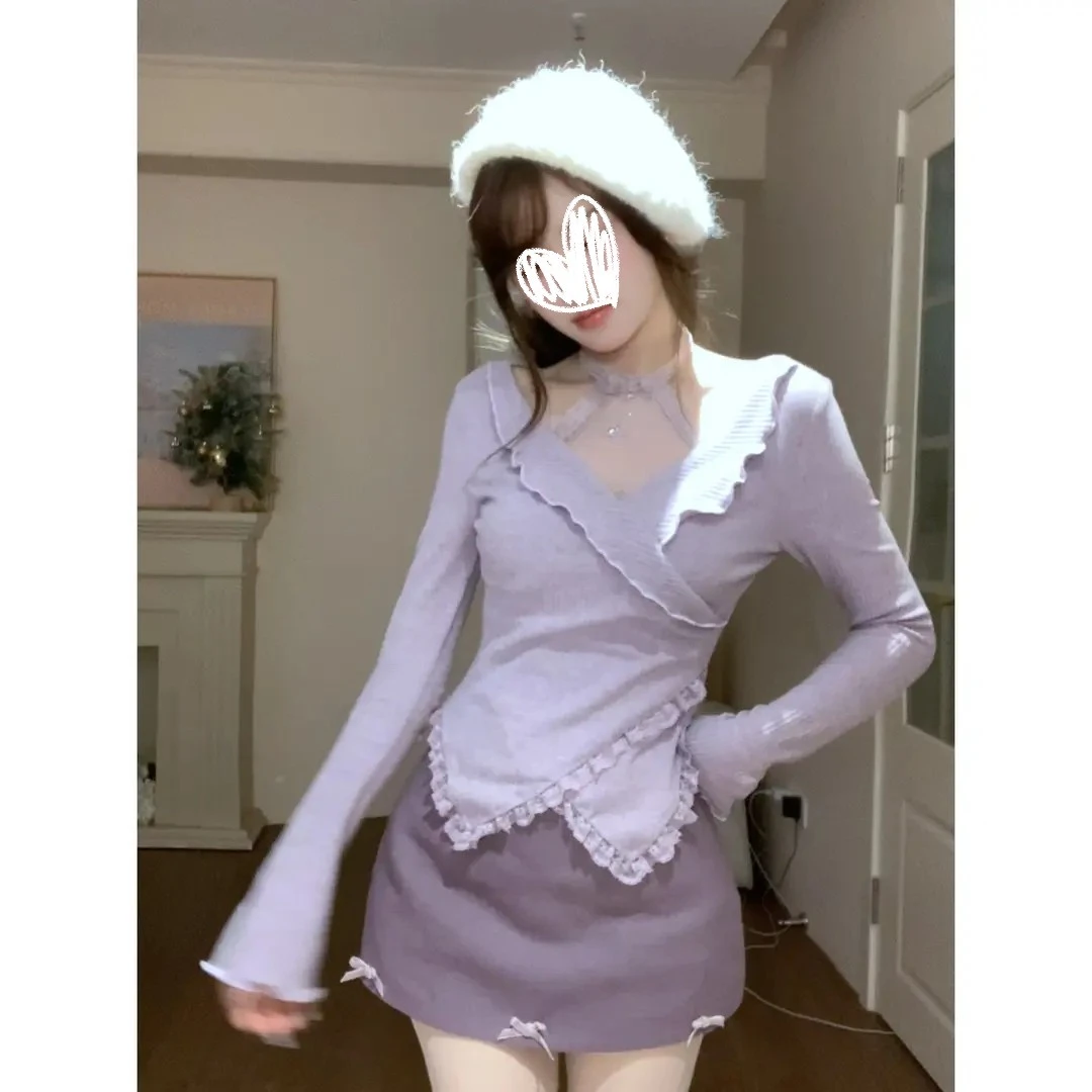 小个子穿搭一整套早春季纯欲风高级感长袖上衣半身短裙两件套装女