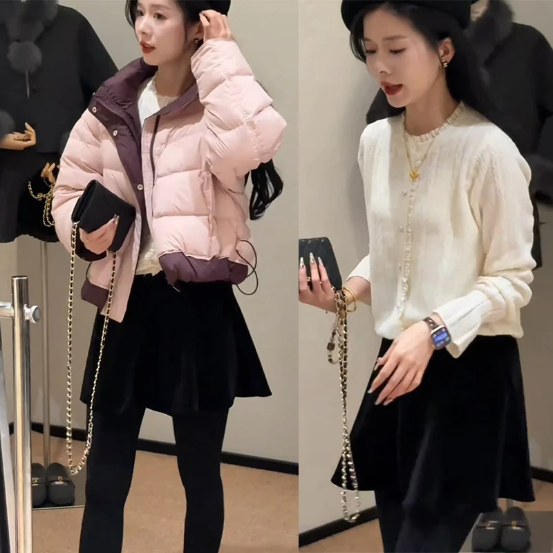 冬季流行穿搭一整套2025年新款百搭针织上衣短款棉服短裙三件套装