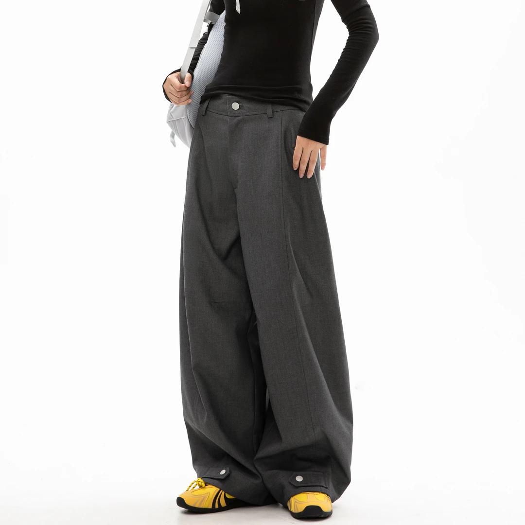 纯色松紧腰秋季弯刀裤阔腿裤外穿直筒裤2025新款山系风垂感西裤