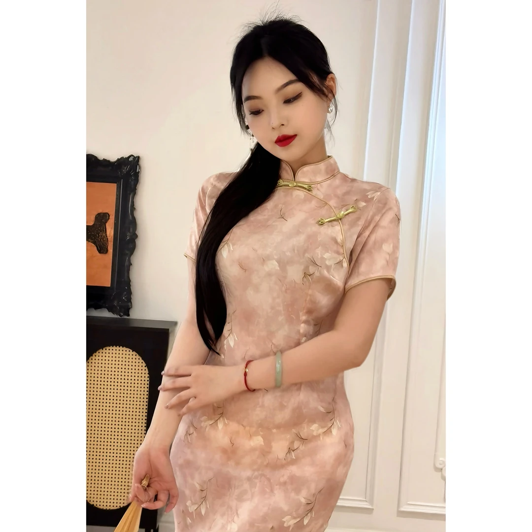 肆意【桃花酿】国风新中式藏肉显瘦粉色浅色长裙气质高级旗袍连衣裙