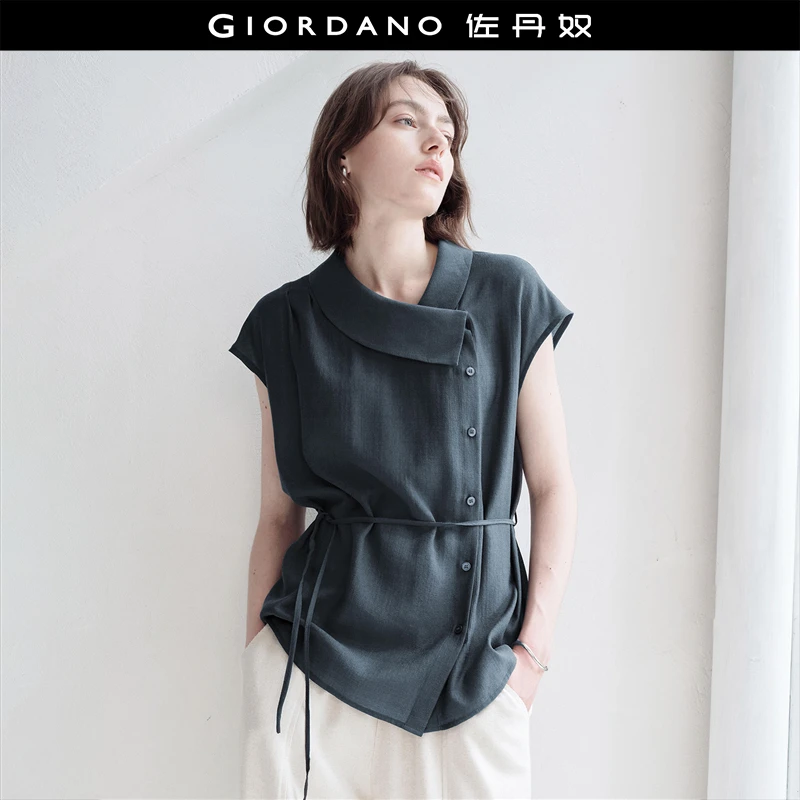 【设计师款】佐丹奴桑蚕丝混纺翻领斜门襟系带小飞袖衬衫 18345612