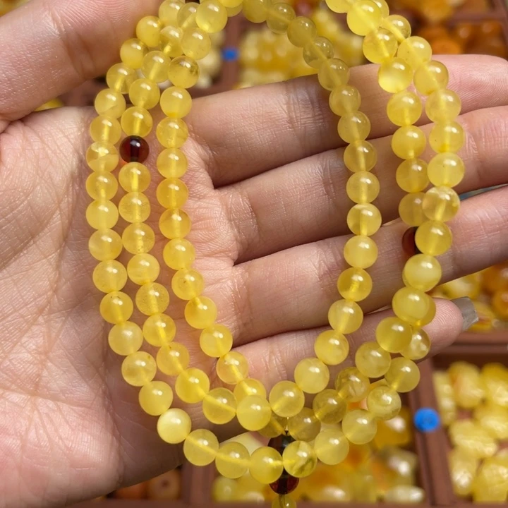 蜜蜡未镶嵌珠宝奇石天然鸡油黄108项链多圈卡5+微微瑕