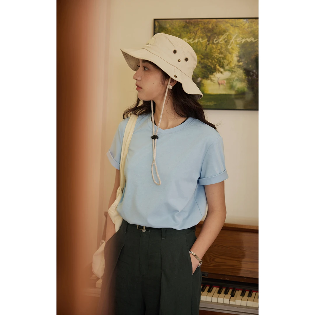 solighter 法式白色圆领短袖正肩T恤女夏季5I0324T03X1