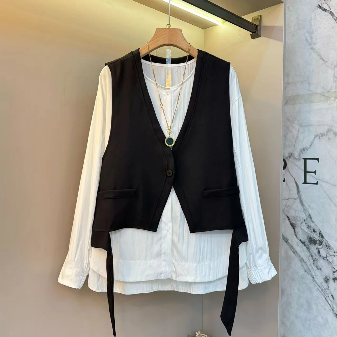 2025秋季新款极简风法式休闲风时尚套装马甲衬衫两件套1620