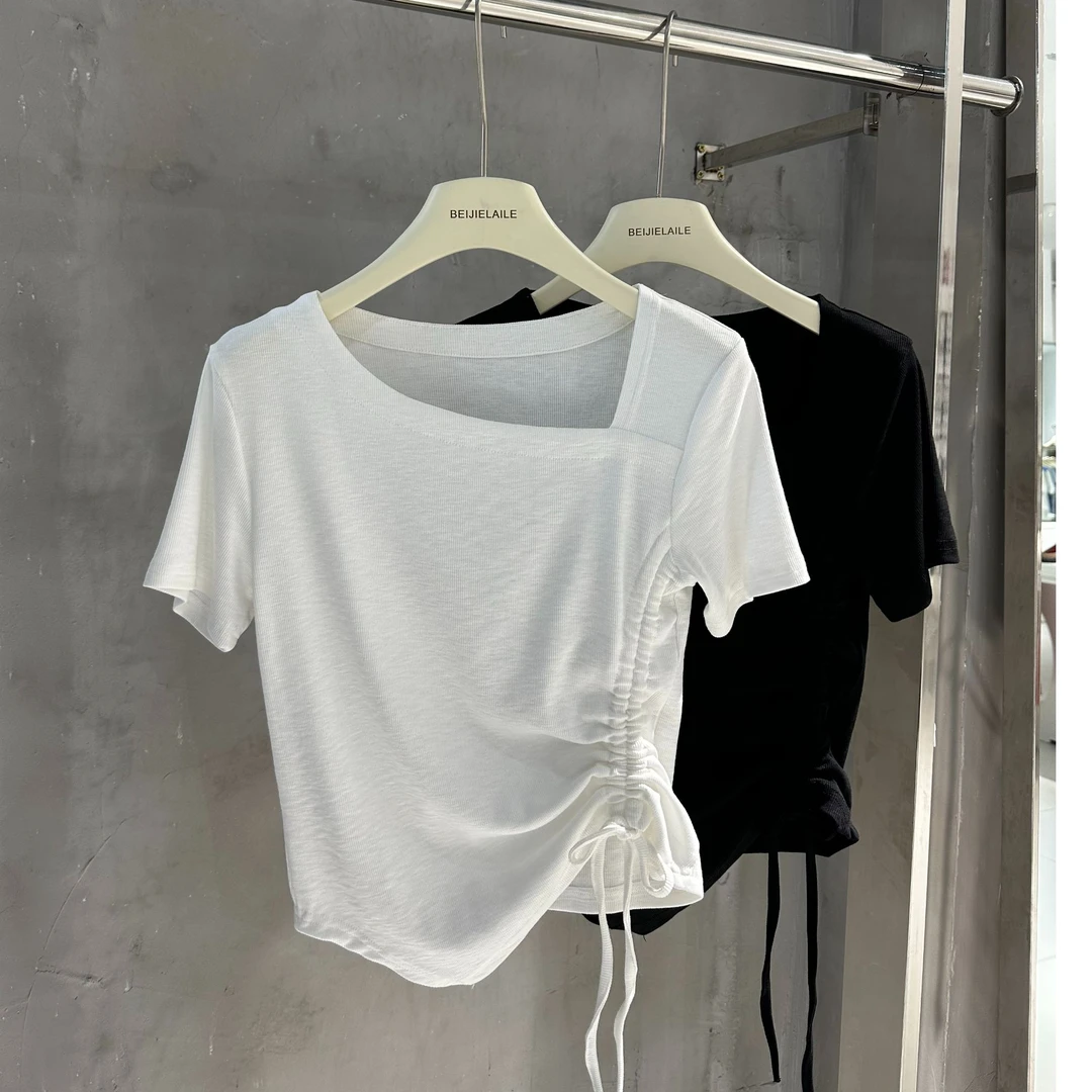 贝姐同款【抽绳短袖T恤】夏季新款~抽绳斜领不规则短袖T恤D37YFQ