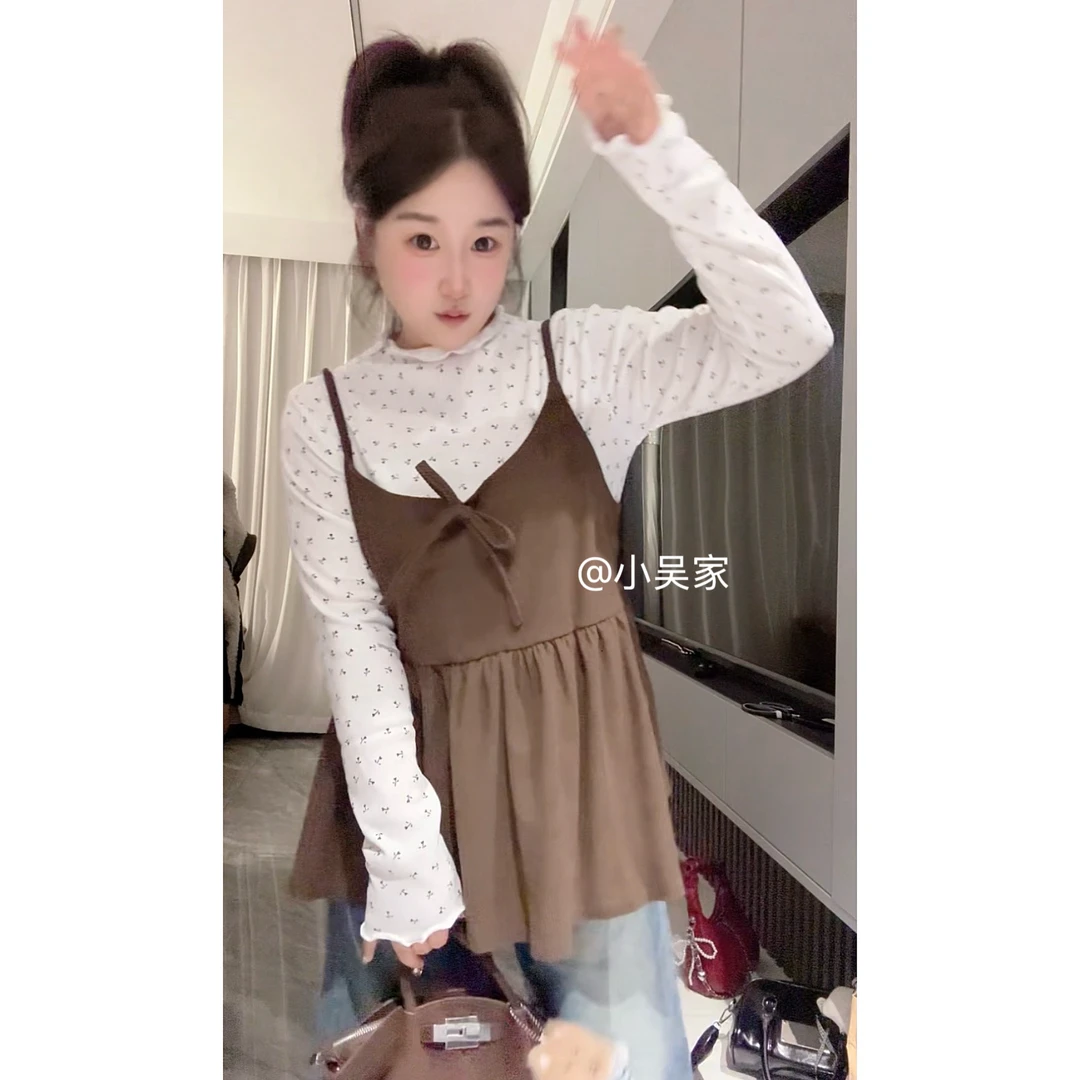 「小吴家」蝴蝶结甜美吊带碎花长袖打底衫吊带女秋季温柔风套装