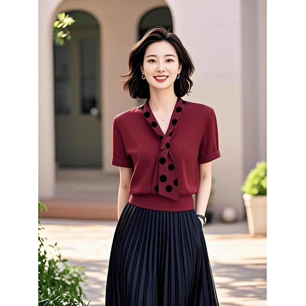 轻熟气质设计感红色短袖T恤2025年女装春夏新款高级感丝巾上衣女