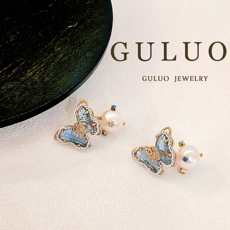 合金仿珍珠耳饰 两戴款蓝色蝴蝶耳钉珍珠1849气质小蝴蝶结耳钉