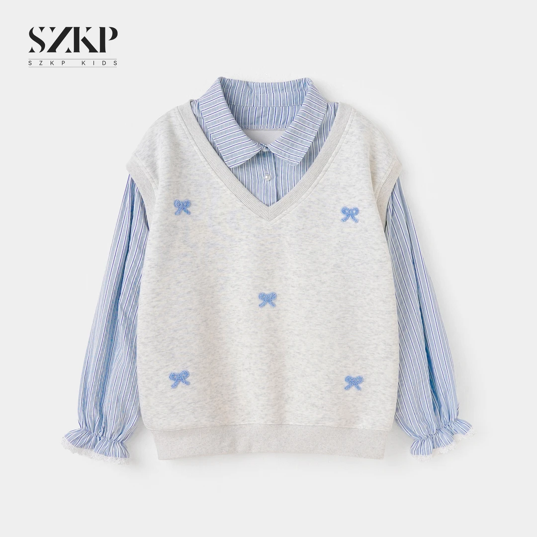 【SZKP】条纹Polo领假两件刺绣卫衣女童春季洋气百搭上衣YNYC550532