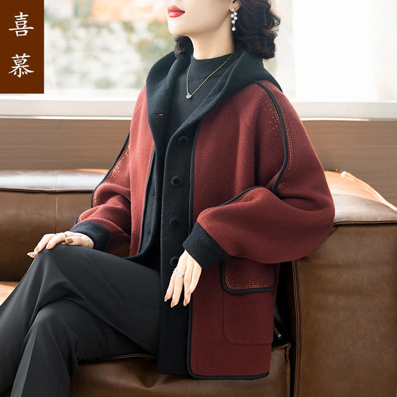 妈妈秋装针织外套洋气时尚2025新款50岁中老年女秋冬红色呢子大衣