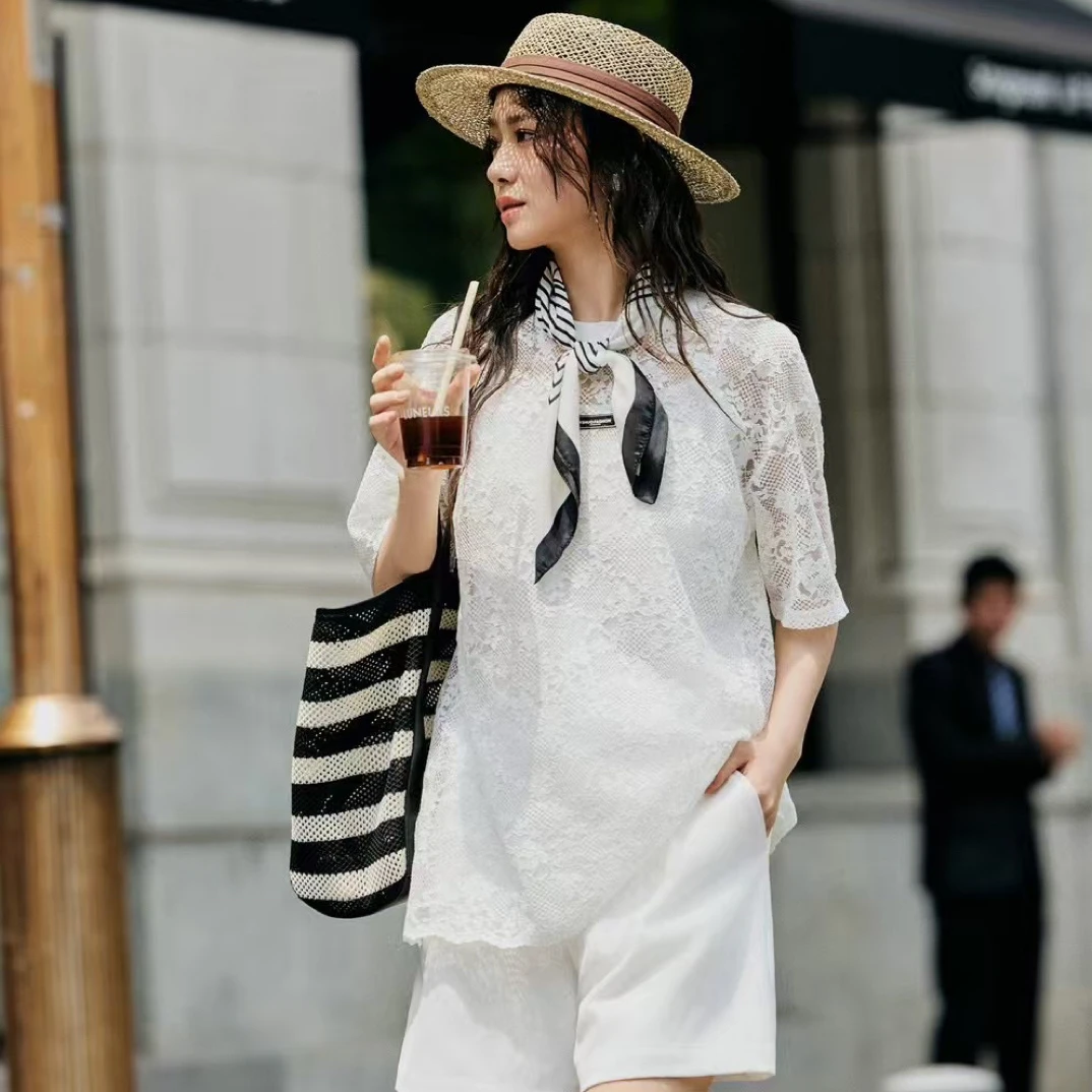 YUNSHUO允硕 宽松休闲重工蕾丝短袖T恤