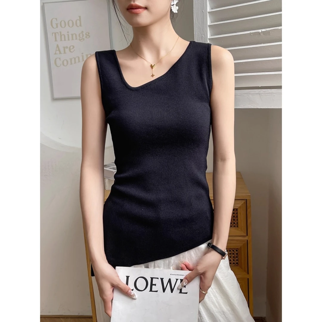 黑色斜肩吊带背心女夏外穿遮副乳修身开叉轻熟风内搭打底无袖上衣