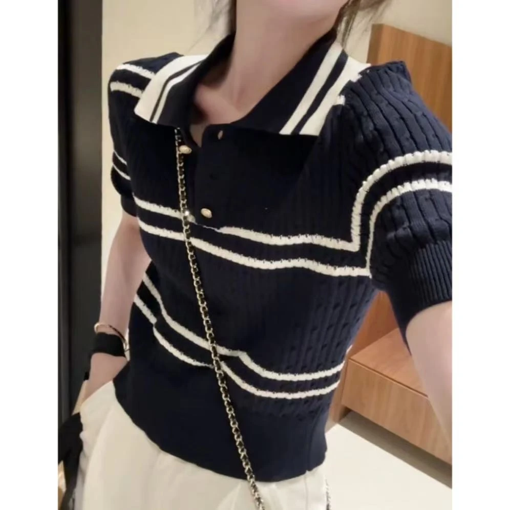 丽丽家~海军领短袖显瘦短款时尚百搭夏季条纹翻领上衣