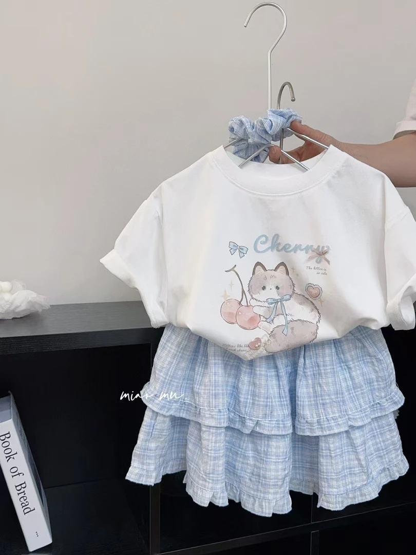 女童夏季韩版新款小猫休闲可爱带发圈格子蛋糕裙短袖套装洋气可爱
