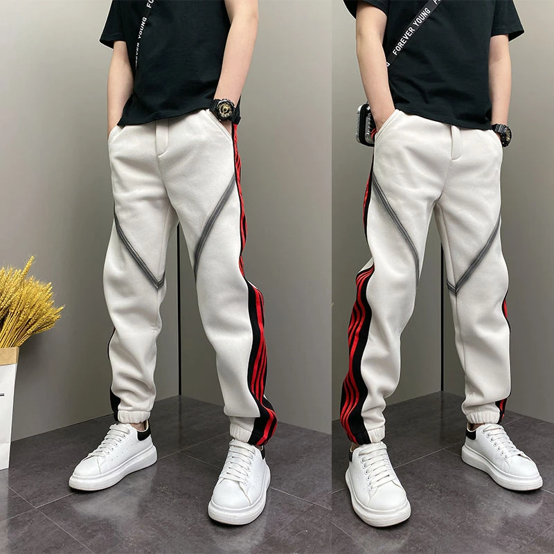 春季时尚三道杠拼色哈伦裤青年韩版加绒卫裤宽松百搭弹力运动男裤