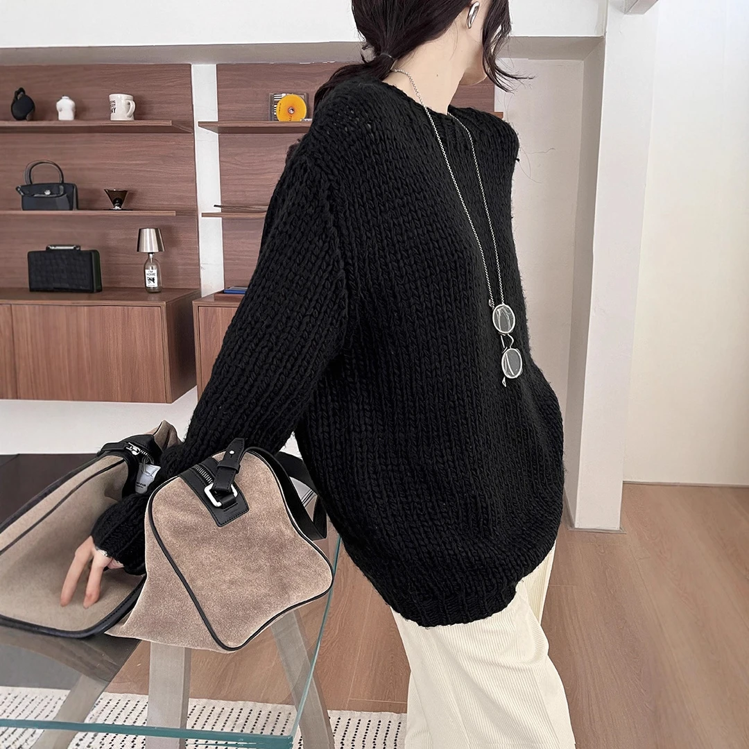 GRACETINAHOO冬新30%羊毛法式重工手工钩花粗棒针廓形毛衣ZA3241