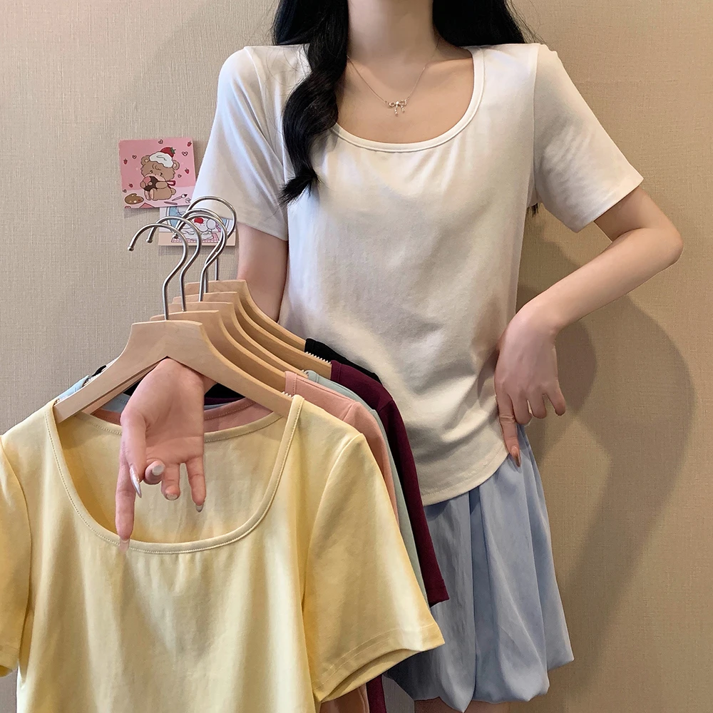 2025年大码女装纯色方领糖果色基础款T恤上衣3189