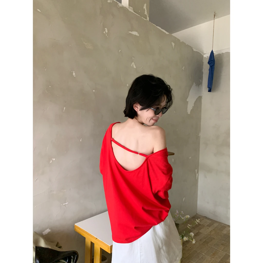 2025 S/S SEP.[春] ‘肤若凝脂’ 后露背斜肩长袖T恤 4127#2