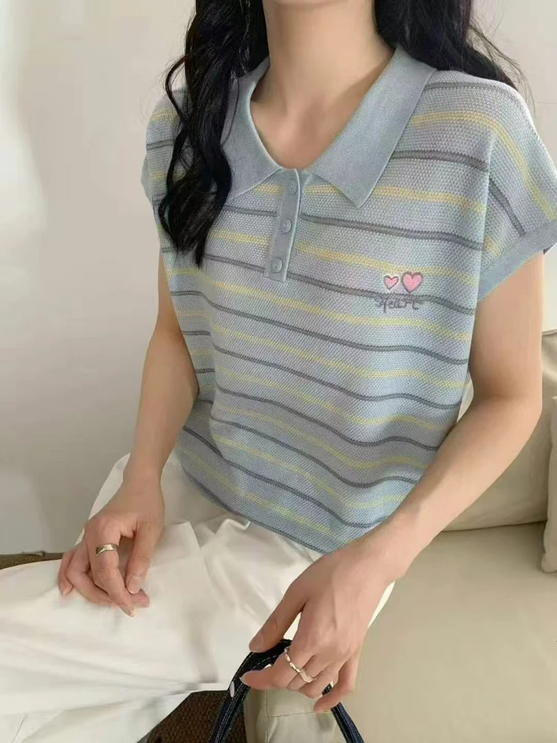 夏季新款韩系氛围感polo领撞色条纹短袖T恤女小个子