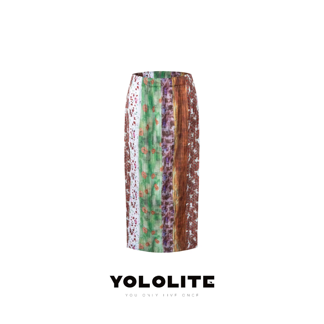 YOLOLITE【花花裙】3039夏季新款拼色油画印花显瘦松紧腰开叉半身裙