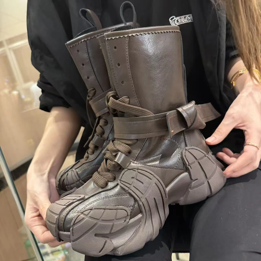 欧洲站时尚系带马丁靴机车靴短靴拳击靴高帮老爹鞋运动鞋帅气女鞋