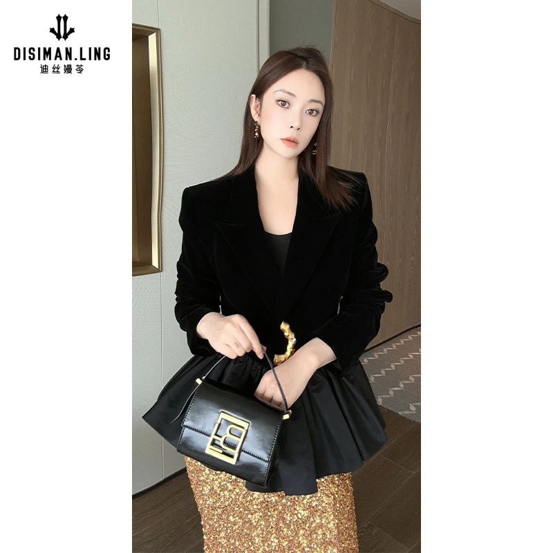 迪丝嫚苓黑色气质外套显瘦长袖时尚休闲修身秋冬原创设计小众优雅