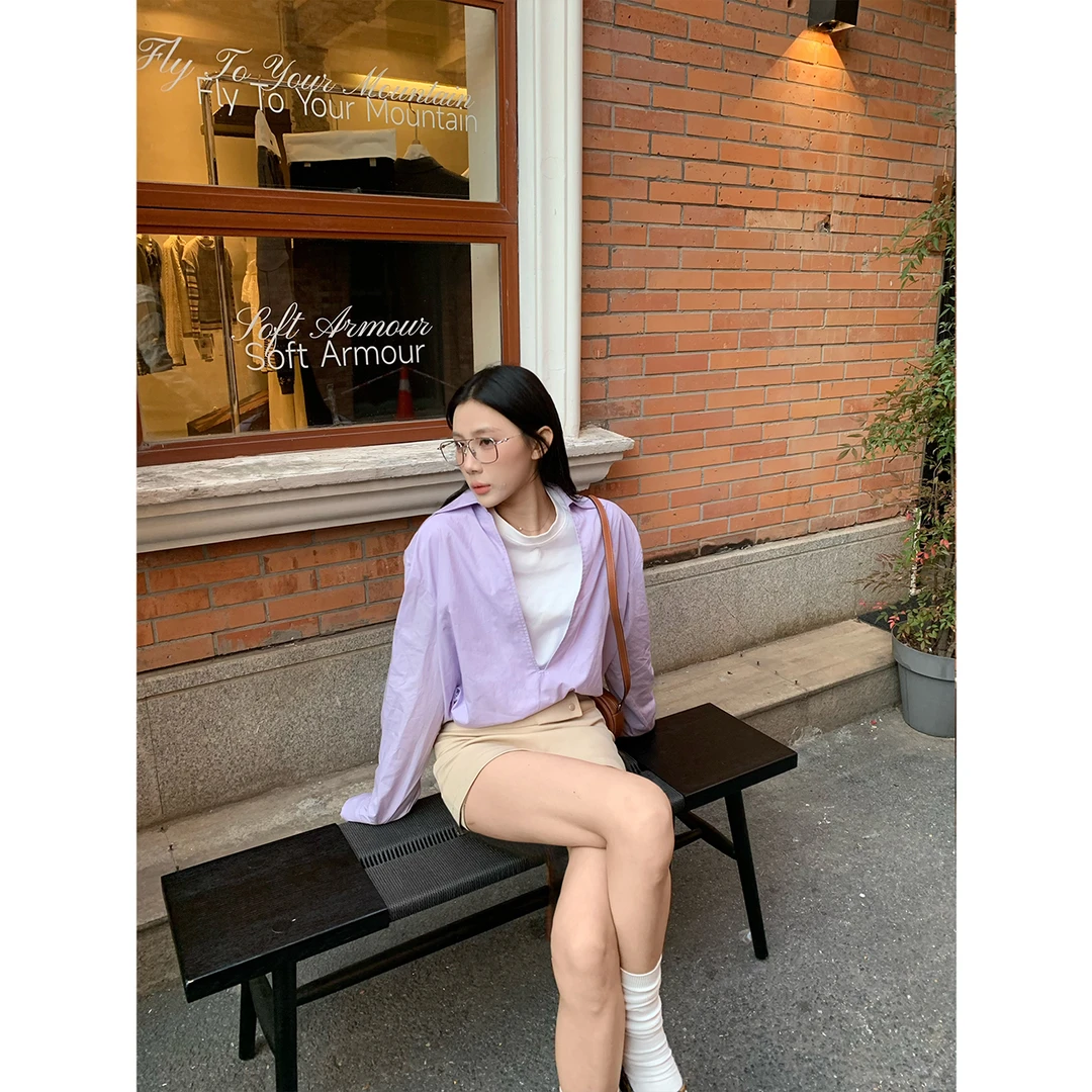 70不是七十【清风鸢尾】早春韩版立领假两件气质衬衫