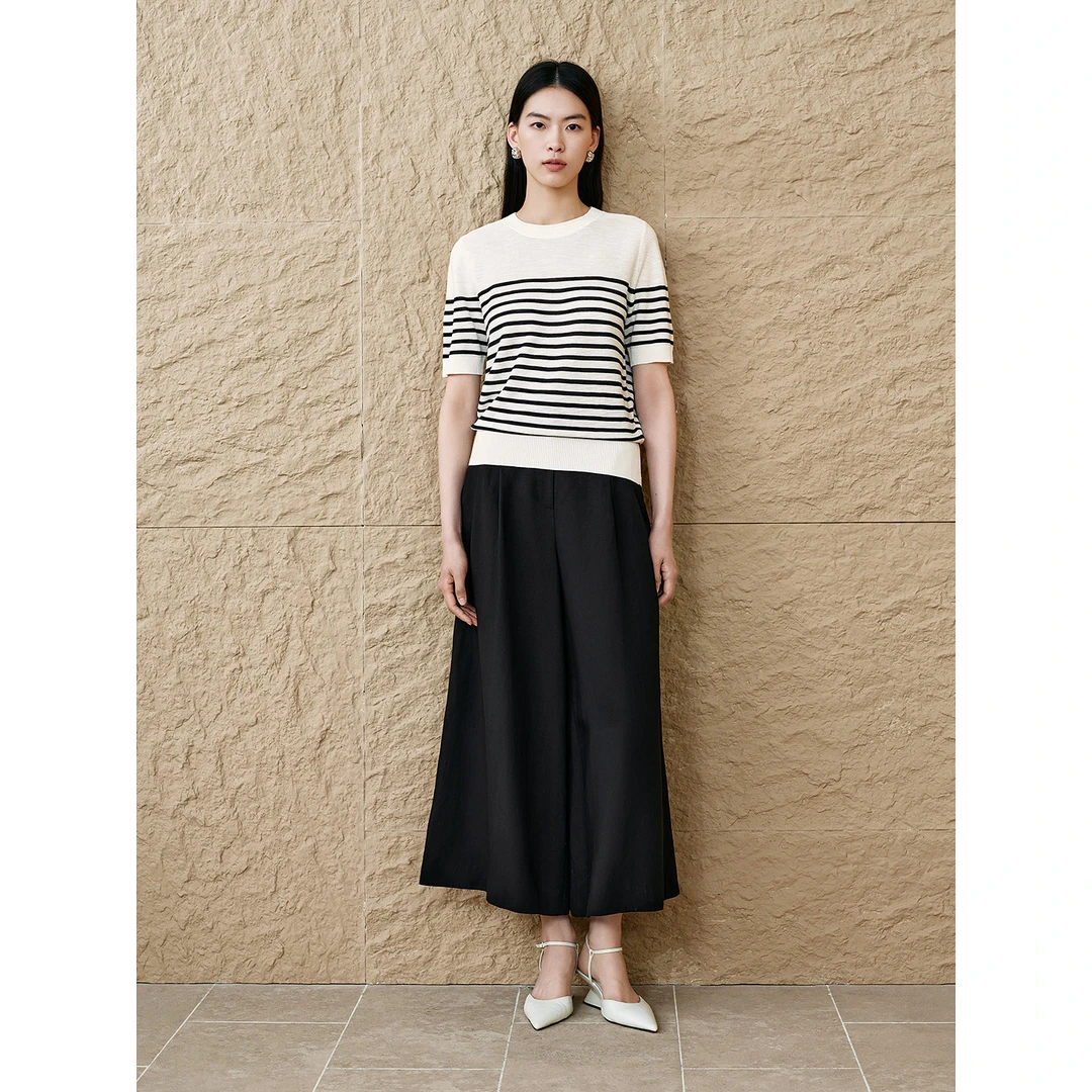 INSUN恩裳专选2025夏季圆领亚麻条纹短袖针织衫9C65206250