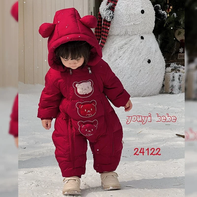 婴儿三只小熊满月百天周岁日常外出服哈衣白鸭绒羽绒服4122