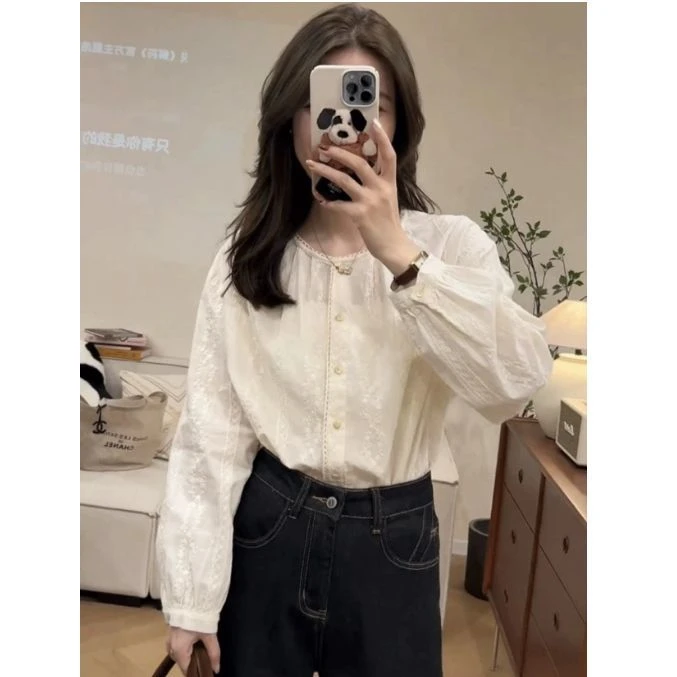 法式蕾丝花边长袖衬衫女秋季新款高级感提花刺绣宽松洋气休闲上衣