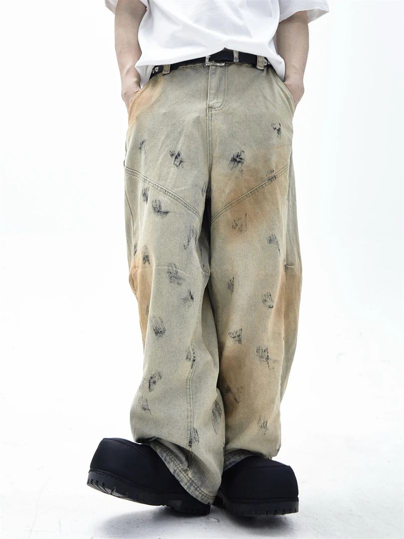ASHDARK*巴家泥染重工脏洗阔腿牛仔裤水洗做旧宽松潮牌弯刀裤子