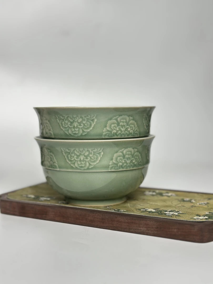 耀州窑6英寸宝象纹大碗一对