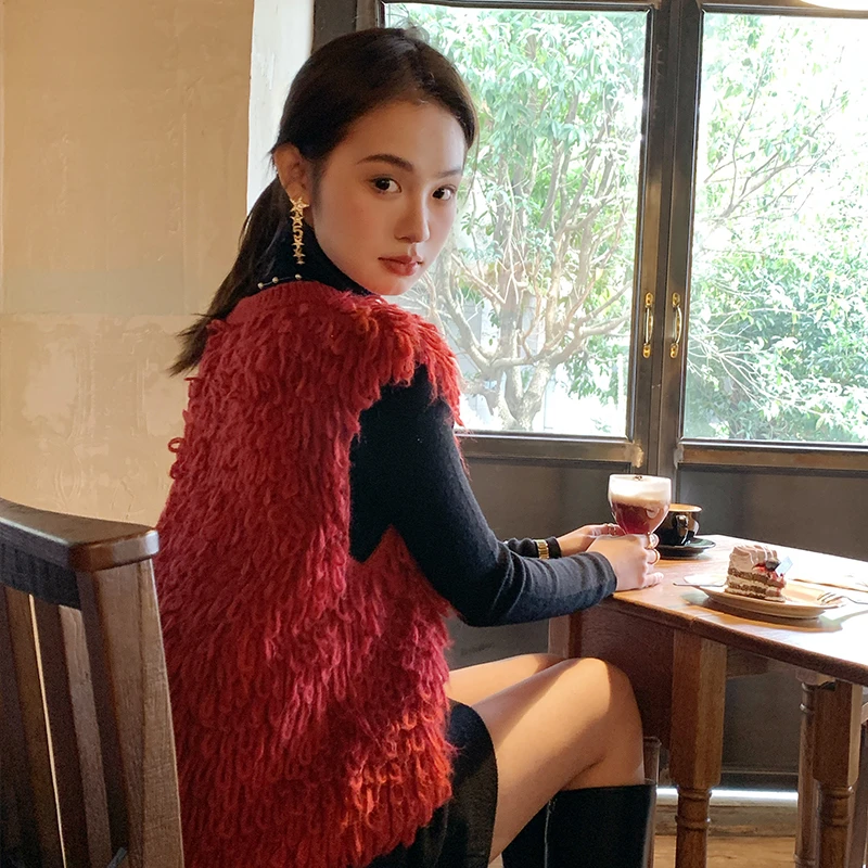 【红眉】RARE ME 高级红色马海毛圈圈气质圆领马甲修身无袖上衣